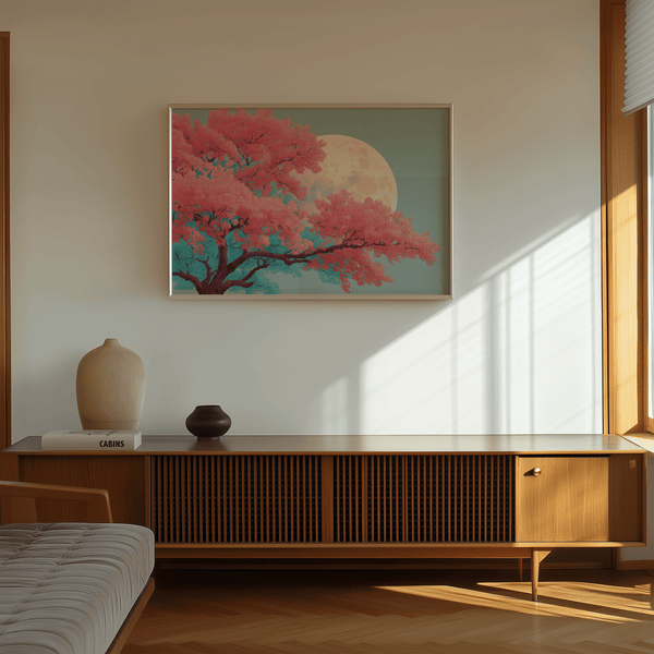 Japanese Moon Tree Art perfect wall art for study room in Pink Blue