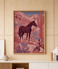 Western Horse Wall Art illustration of a lone horse with layered mountains