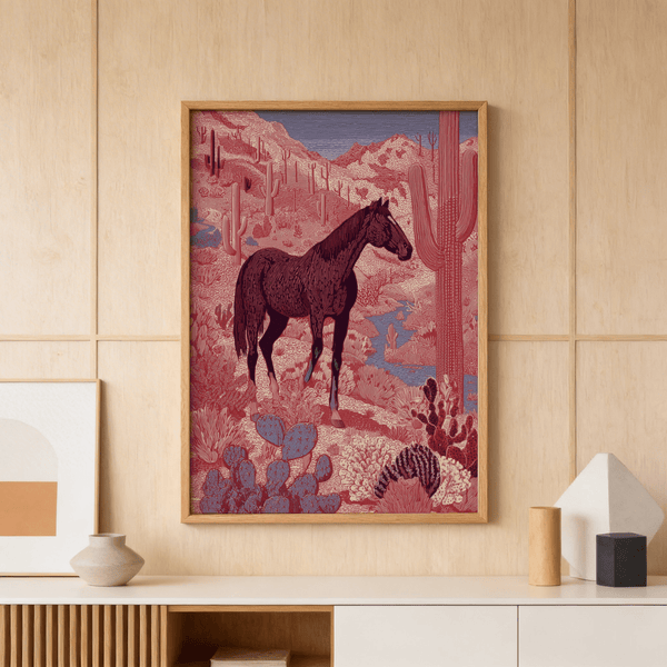 Western Horse Wall Art illustration of a lone horse with layered mountains