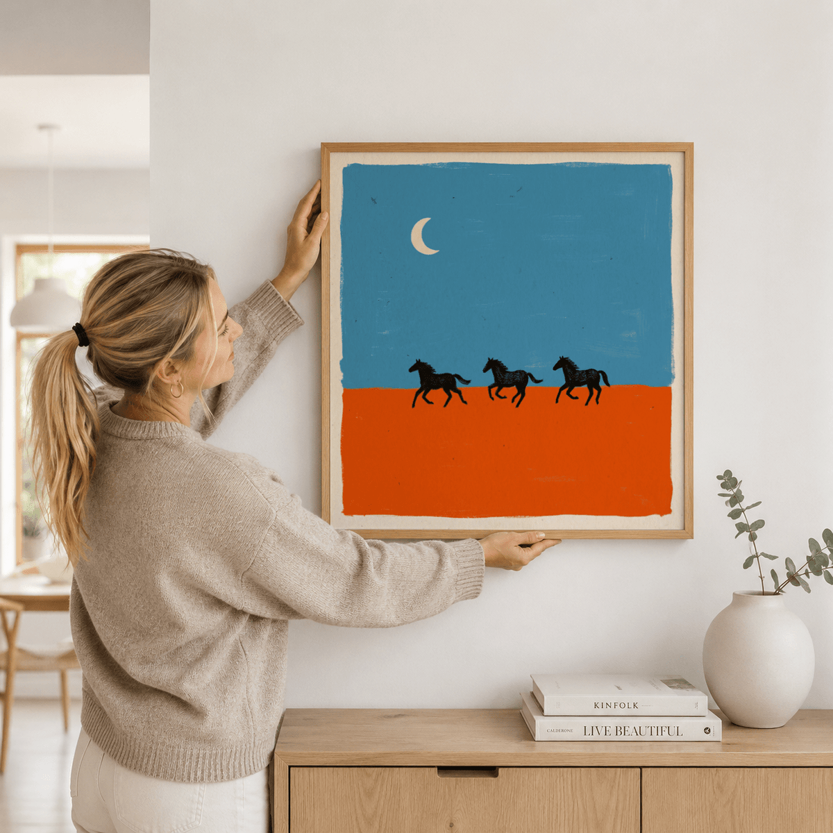 Horse Silhouette Wall Art print with three running horses beneath a crescent moon