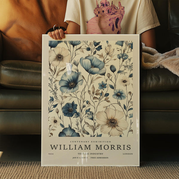 Cream-toned and blue flower pattern as neutral wall art for living room decor.