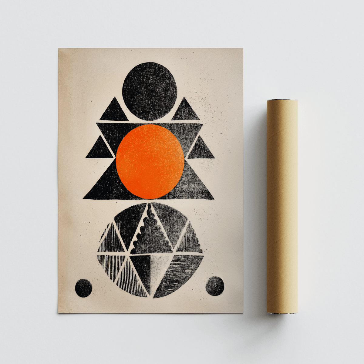 Graphic composition mixing diamonds, stripes, and solid blocks