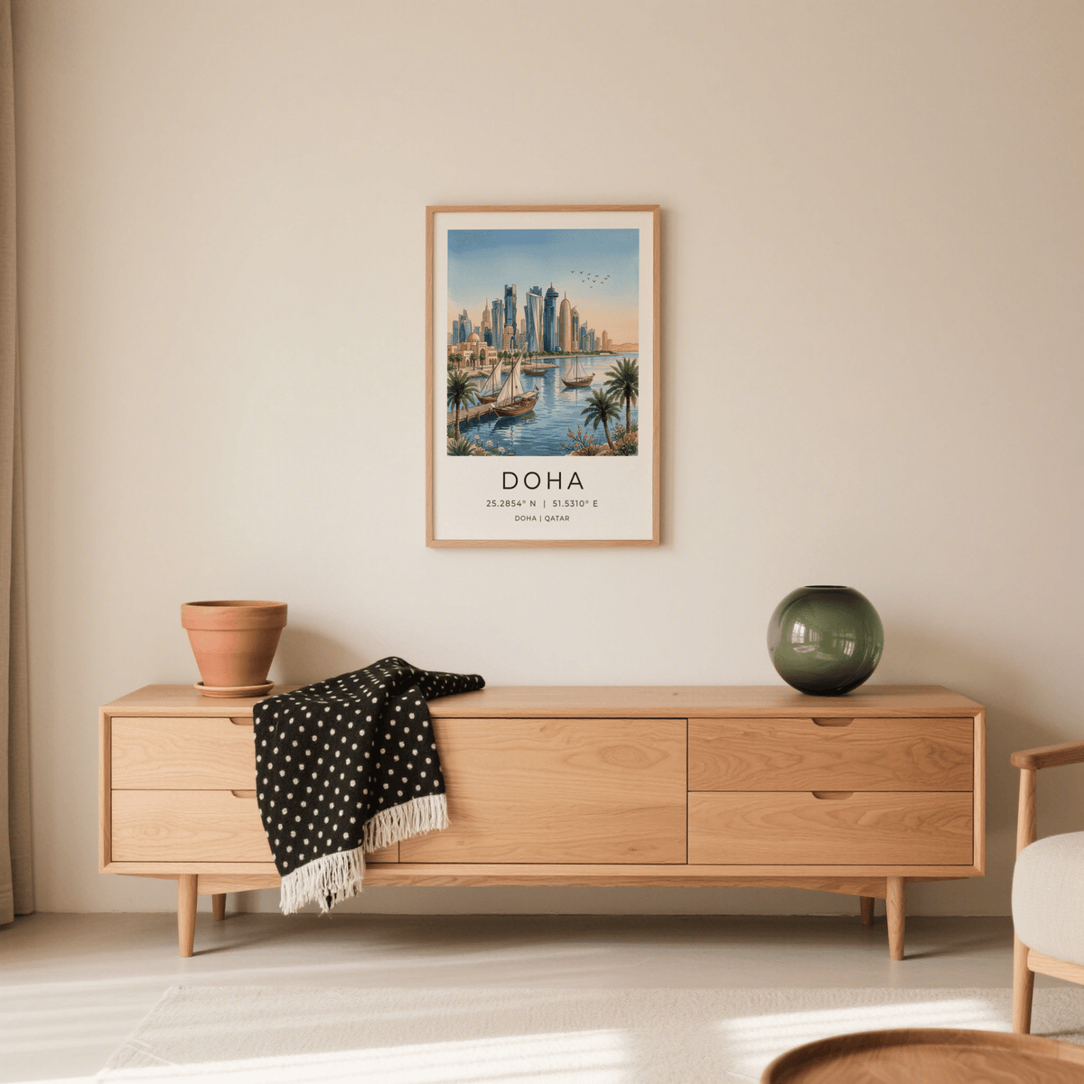 Doha Qatar typography poster print with coordinates below illustration