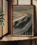 Minimal motorsport poster print featuring a streamlined single-seater on a winding circuit