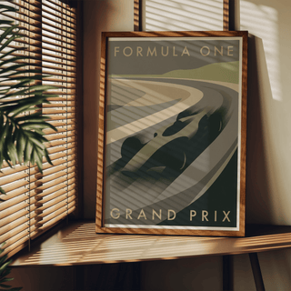 Minimal motorsport poster print featuring a streamlined single-seater on a winding circuit