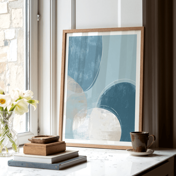 Modern Abstract Blue Art Print poster with layered circle forms and negative space