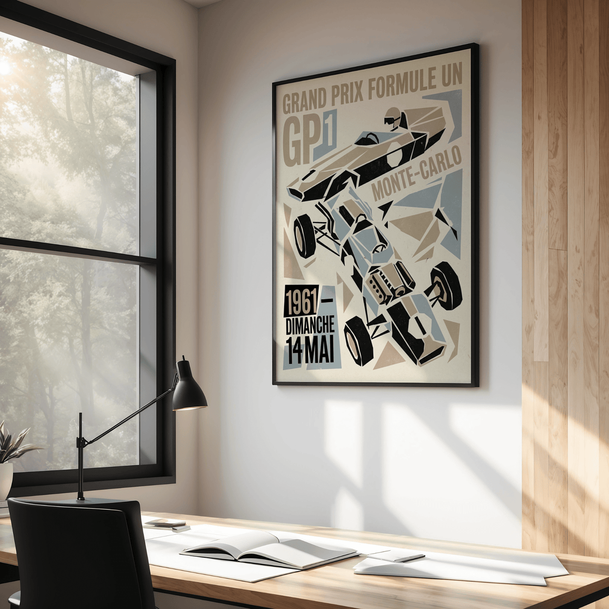 Highlighting a Vintage Formula One Art Print poster with Monte-Carlo text and stacked 1961 date blocks