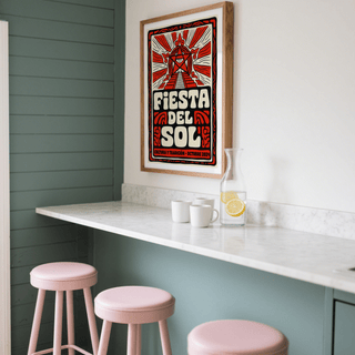 Angled view Fiesta Del Sol Art Print wall art emphasizing the symmetrical layout