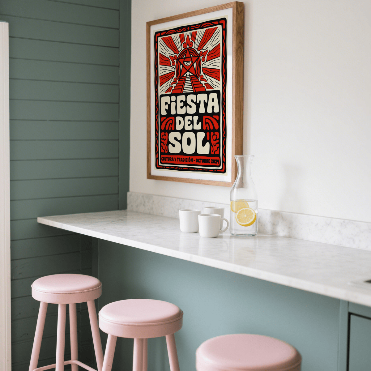 Angled view Fiesta Del Sol Art Print wall art emphasizing the symmetrical layout