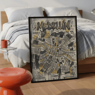 Wide view Medellin Map Art Print wall art featuring river label and city grid composition
