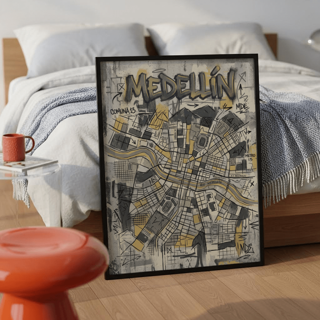 Wide view Medellin Map Art Print wall art featuring river label and city grid composition