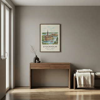 Hand-drawn Stockholm City Art Print showing waterfront buildings, boats, and spire
