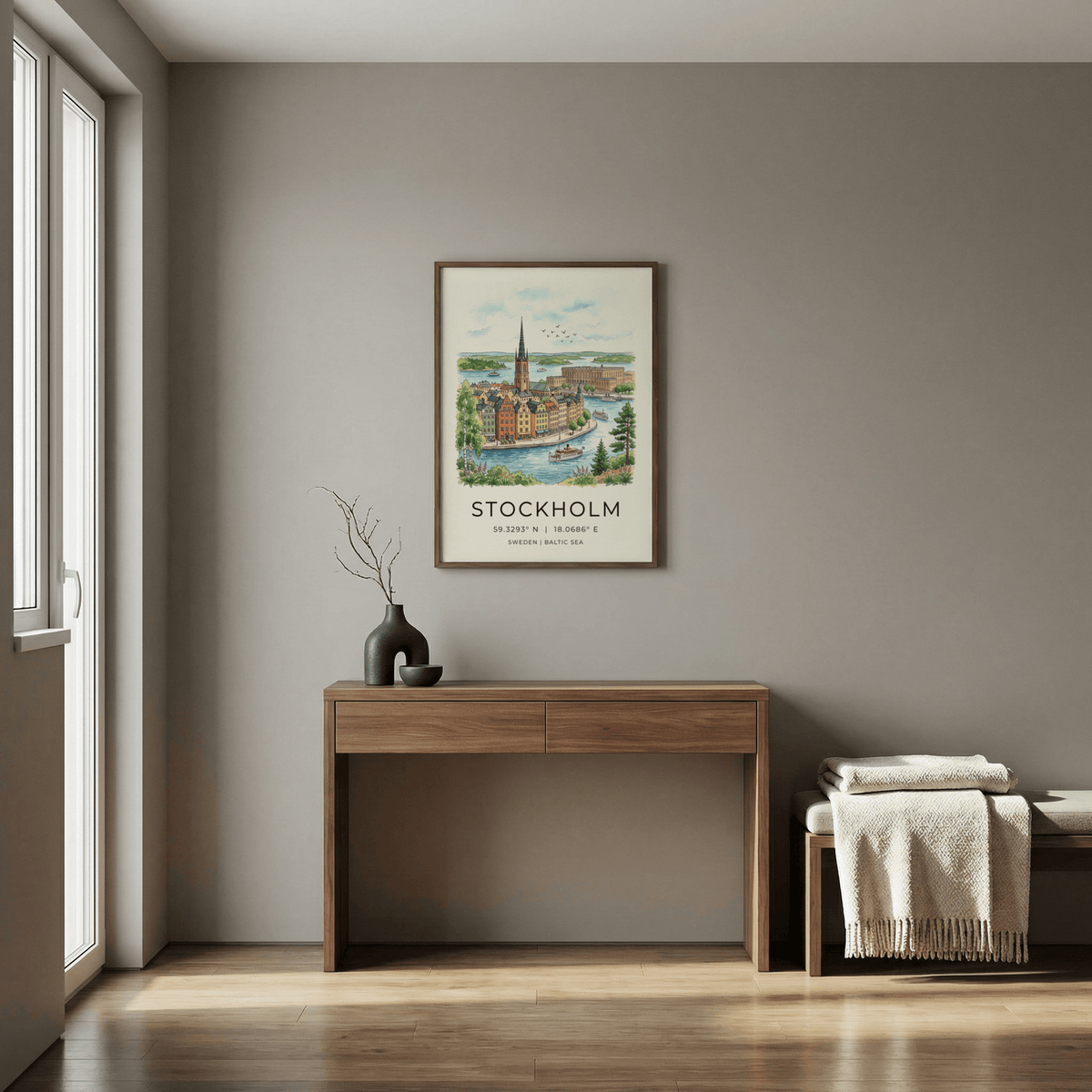 Hand-drawn Stockholm City Art Print showing waterfront buildings, boats, and spire