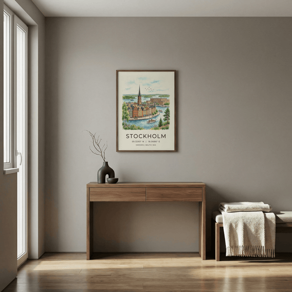 Hand-drawn Stockholm City Art Print showing waterfront buildings, boats, and spire