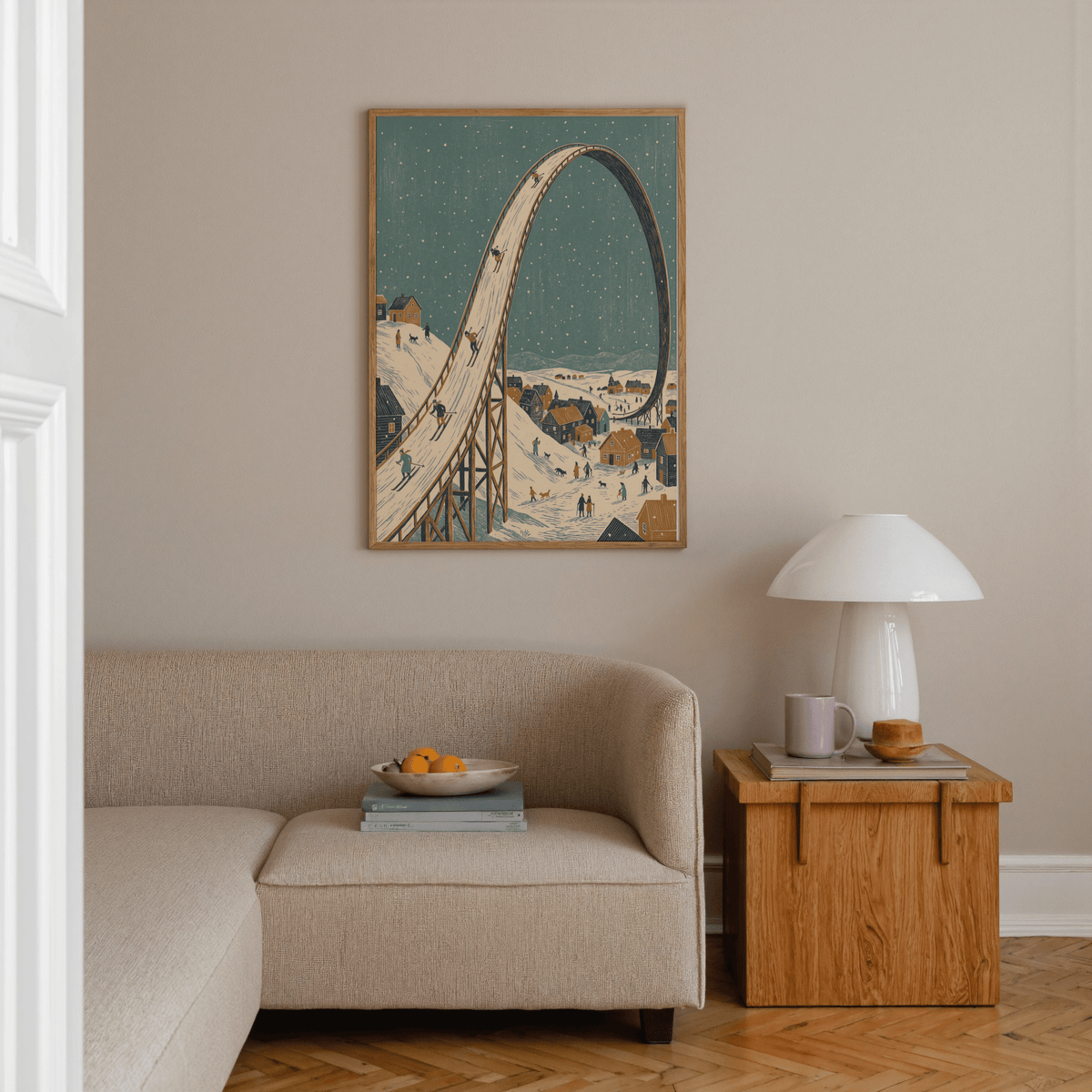 Winter Skiing Art Print with orange rooftops, office wall art design