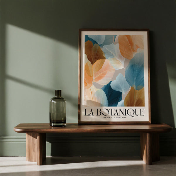 Orange and teal layered leaves, flower art for walls print