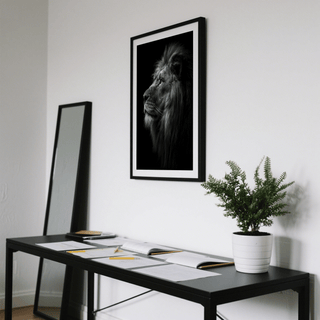 Photographic lion wall art print with central motif and shadowed background
