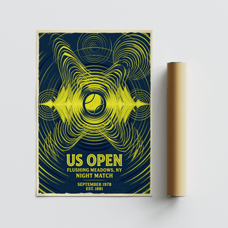Minimalist geometric tennis wall art print with circular rings, motion lines, and event date text