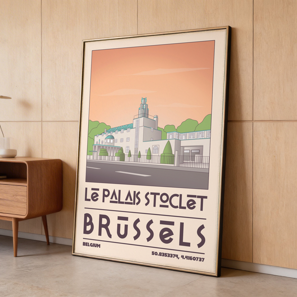 Street-level illustration of Le Palais Stoclet with Deco type