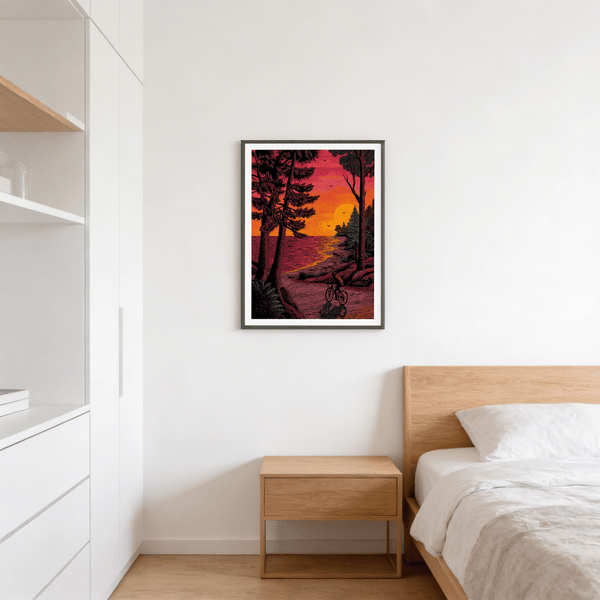 Bicycle Adventure Print art print of a rider on a lakeside road framed by tall pines and a low sun