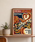 Vintage jazz festival poster print with vocalist profile and heart-shaped ribbon motif