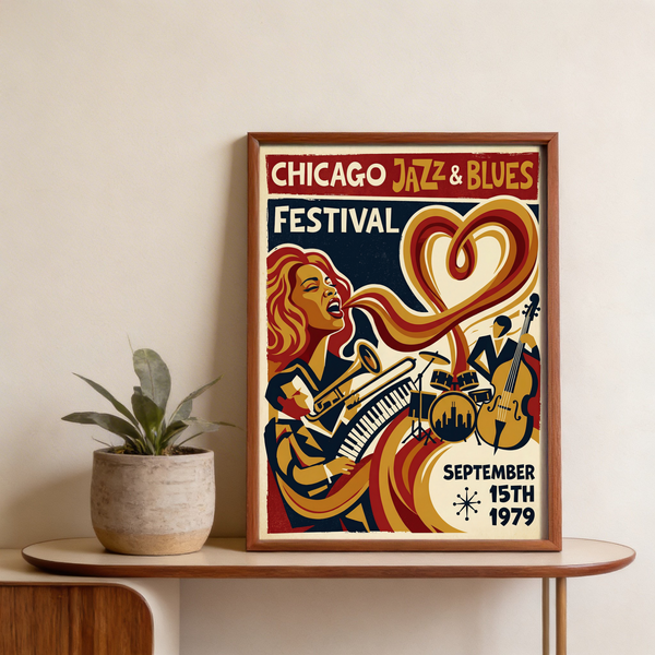 Vintage jazz festival poster print with vocalist profile and heart-shaped ribbon motif