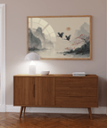 Traditional Ink Wall Art with White mist, mountain, and crane theme, lounge