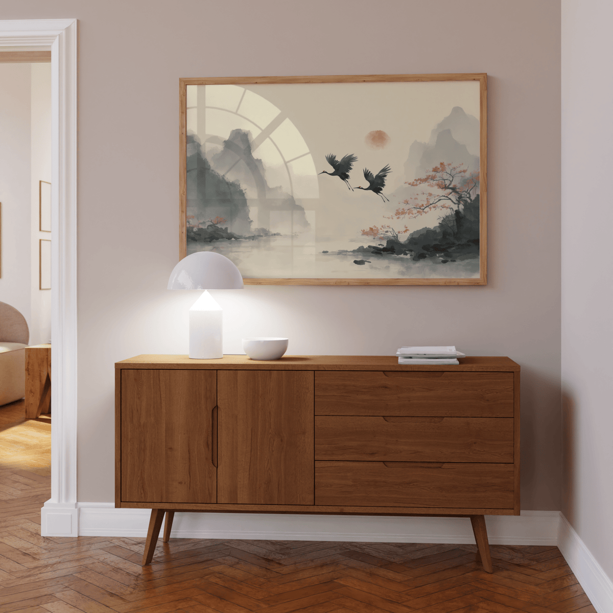 Traditional Ink Wall Art with White mist, mountain, and crane theme, lounge