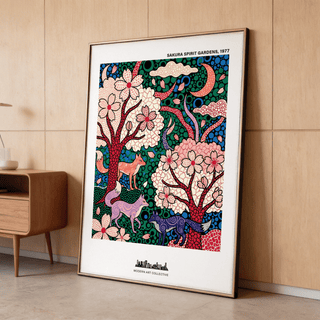 Depicting Sakura Spirit Wall Art wall art of sakura garden scene with two flowering trees and three fox-like figures