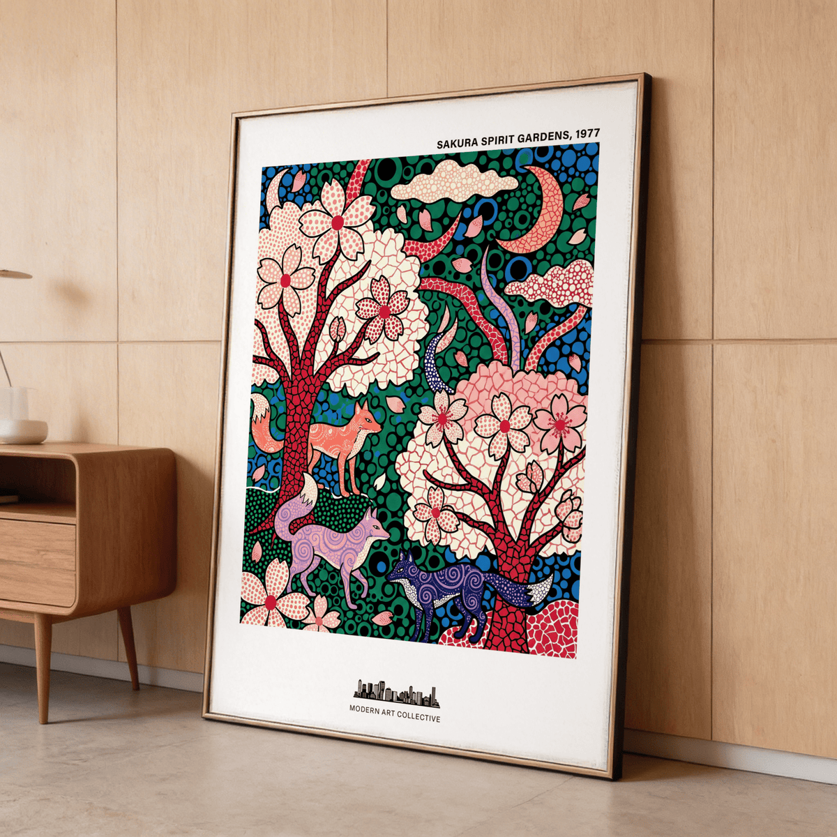Depicting Sakura Spirit Wall Art wall art of sakura garden scene with two flowering trees and three fox-like figures