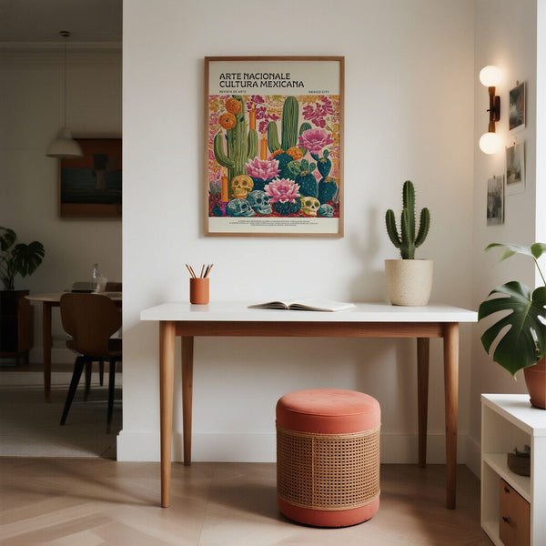 Close-up of floral and skull motifs in Day of the Dead wall art.