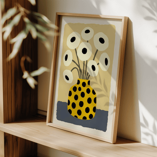 Yellow Vase Poster featuring Yellow, Black, Beige, Blue tones for hallway poster