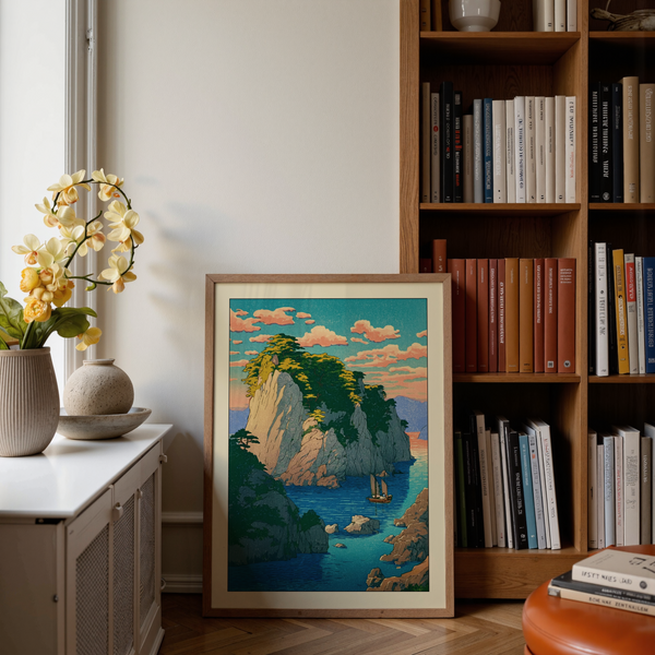 Detail crop of Hasui Kawase oastal print showing rocky shoreline and rippling sea