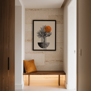 Geometric nature poster with tree silhouette, circular accent, and textured shapes