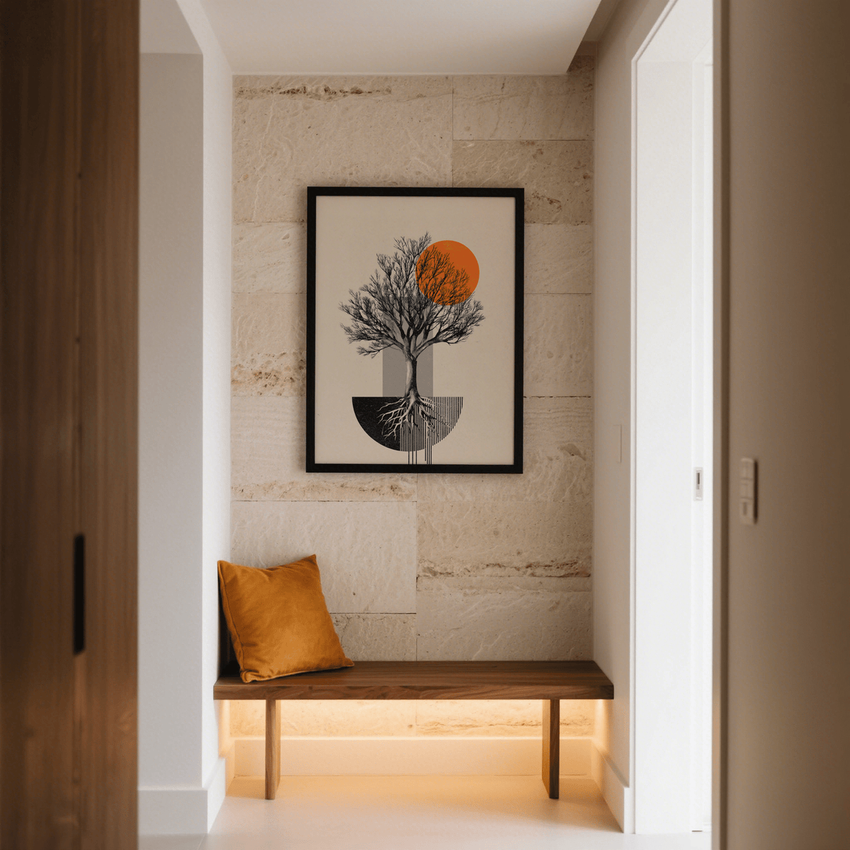 Geometric nature poster with tree silhouette, circular accent, and textured shapes