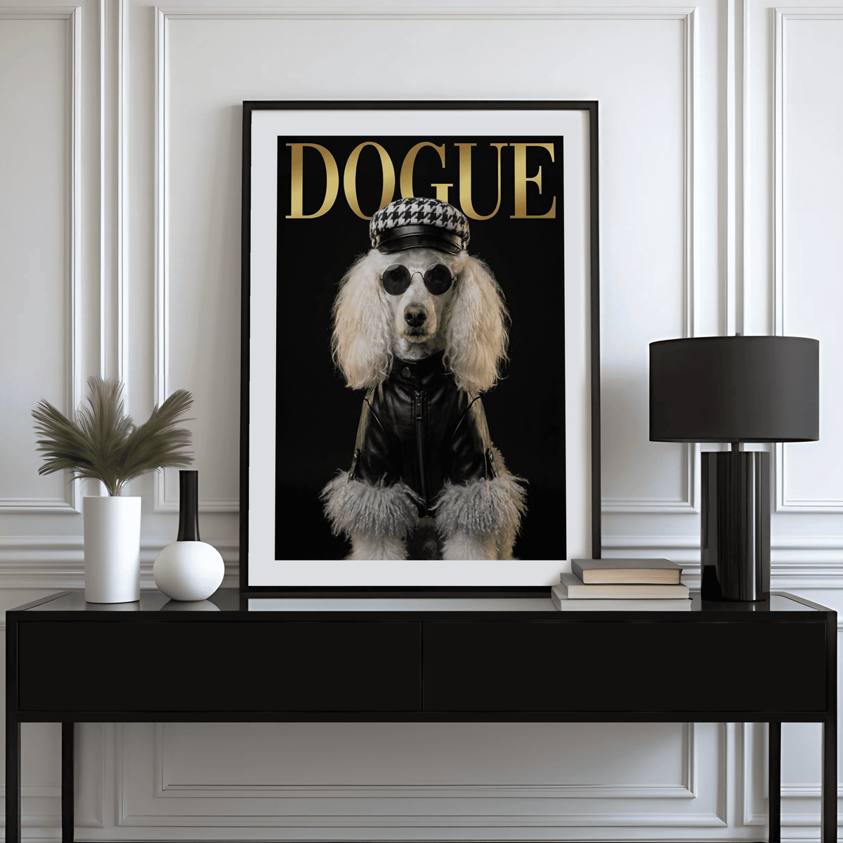 Detailed Dog Fashion Print with Gold tones for chic dining room wall art