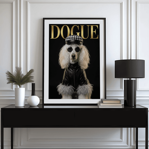 Detailed Dog Fashion Print with Gold tones for chic dining room wall art