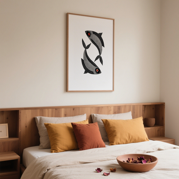 Indian folk fish printable with black, gray, white, orange ink blocks