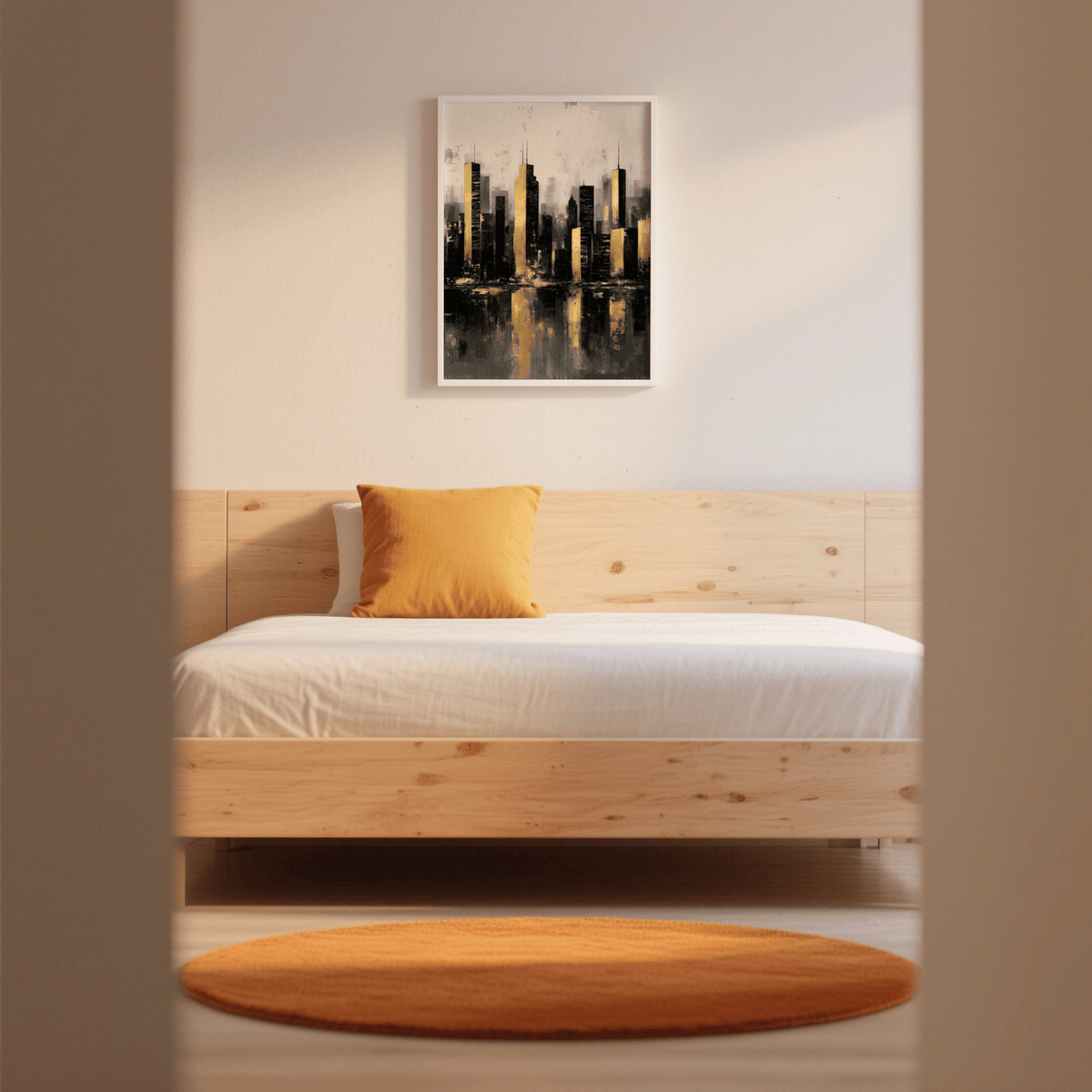 Gold and Black Skyline Poster to enhance workspace decor with black, gold, and white skyline