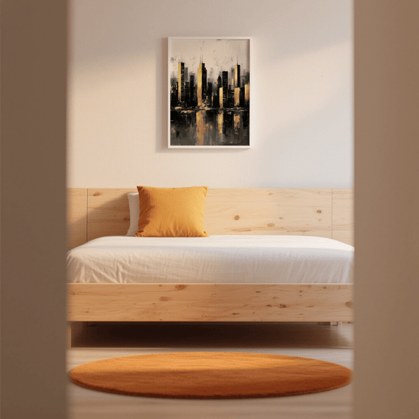 Gold and Black Skyline Poster to enhance workspace decor with black, gold, and white skyline