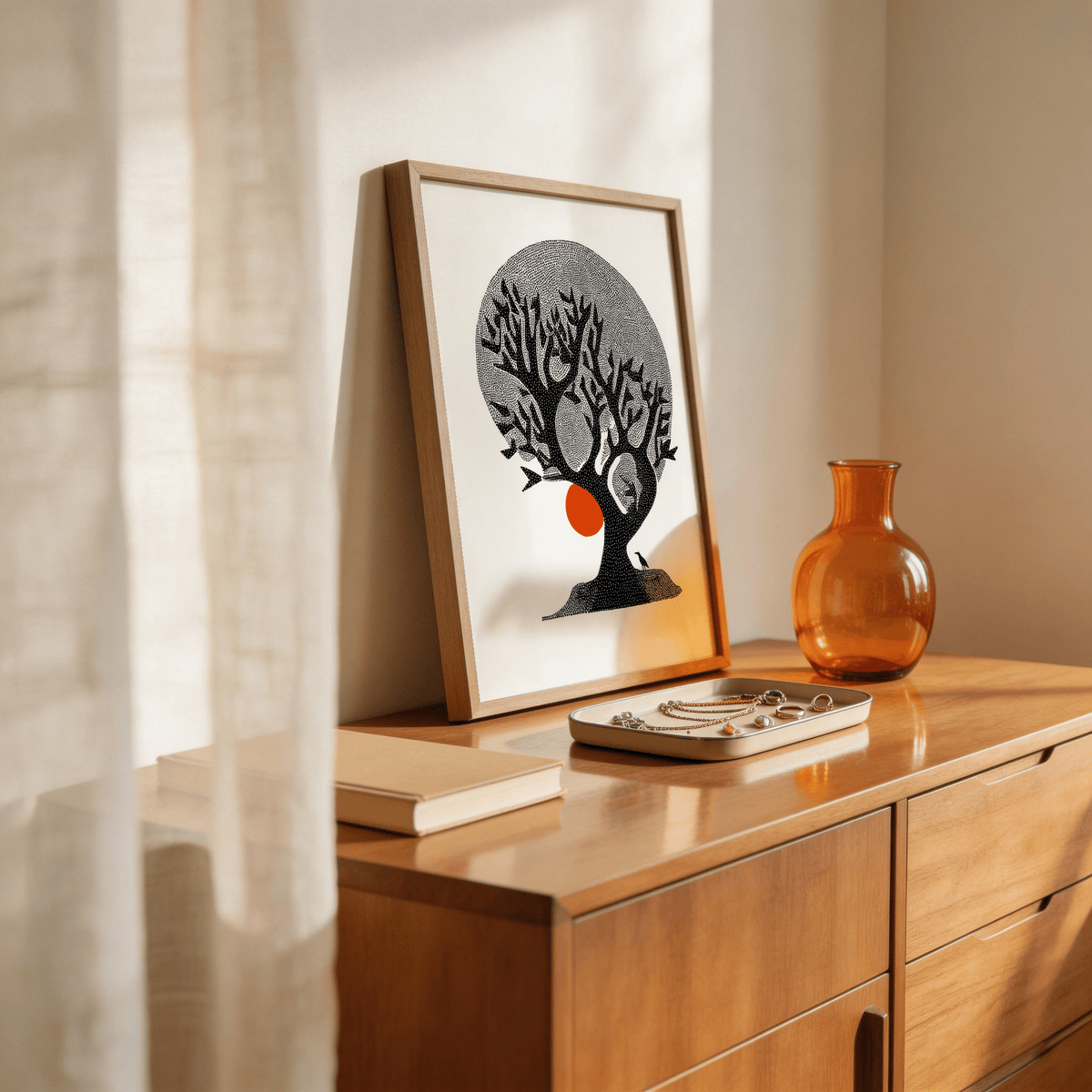 Minimalist tree print poster with stipple texture and circular background