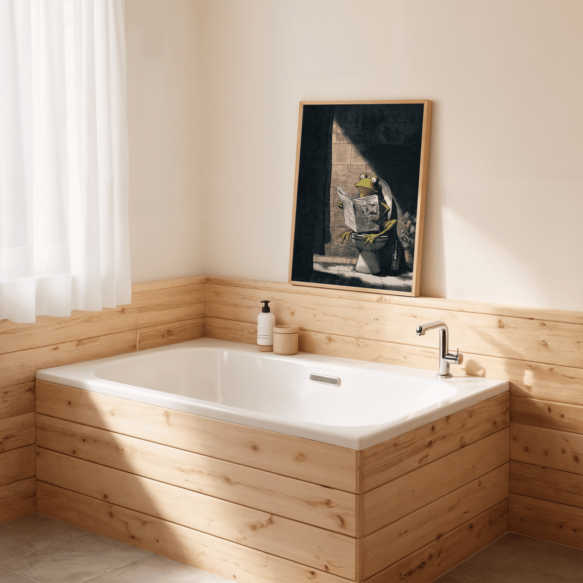Quirky bathroom wall art with a frog sitting on a toilet beside a potted plant