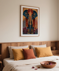 Decorative elephant wall art print with symmetrical composition, large ears, tusks, and repeating floral-style motifs