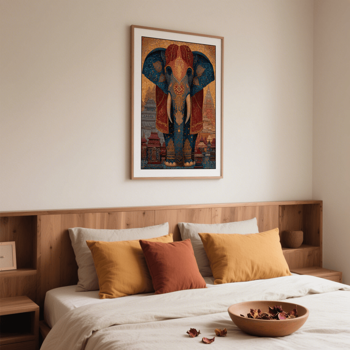 Decorative elephant wall art print with symmetrical composition, large ears, tusks, and repeating floral-style motifs
