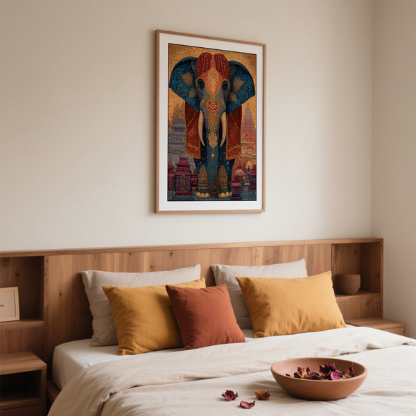 Decorative elephant wall art print with symmetrical composition, large ears, tusks, and repeating floral-style motifs