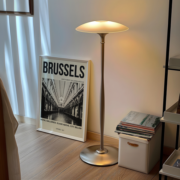 Monochrome travel poster with long shopping arcade and repeating arches