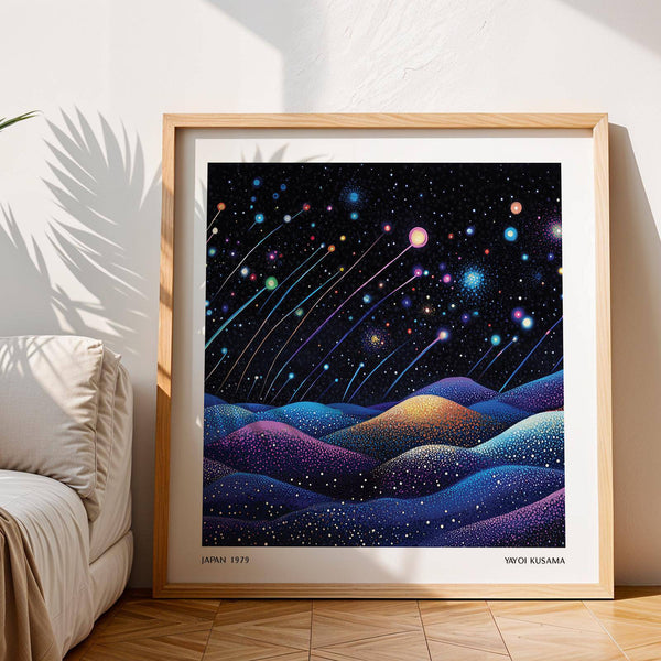 Modern galaxy wall art inspired by Yayoi Kusama’s dotted aesthetic