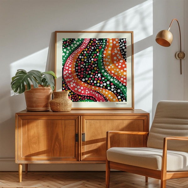 Contemporary abstract colorful art in orange, pink, and green hues