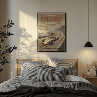 Misty track landscape wall art print with an illustrated open-wheel race car in the foreground