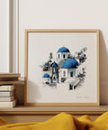 Hand-drawn Santorini wall art sketch with blue accents square poster